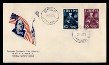 DR WHO 1957 TURKEY FDC BENJAMIN FRANKLIN ANIV CACHET COMBO w8235