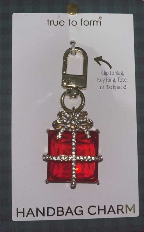 True To Form Enamel Vibrant Red Gift Box Handbag Charm /Keychain W. Rhinestones