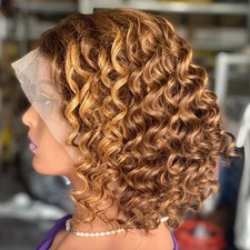 T4/27 Highlight Brown Curly Bob Wig Human Hair 13X4 Lace Front Wig Pre-plucked
