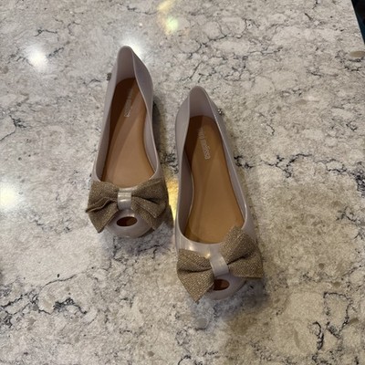 Mini Melissa Girls Ballet Flats Sz 1 Almond Toe Ultragirl Bow Slip-On Shoes