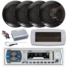 Pyle Bluetooth Marine Radio,Cover, Antenna,Amp w/Kit, 4x 6.5" 150W Black Speaker