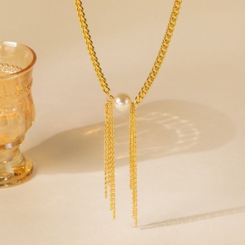 Pearl Chain Necklace White Pendant Gold Link Choker Chandelier Tassel Necklace - Picture 5 of 10