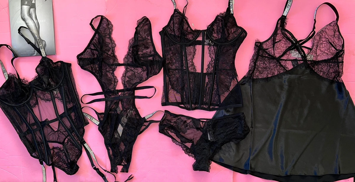 Victoria's Secret strappy 36C BRA SET+M panty+TEDDY one-piece beige black  lace