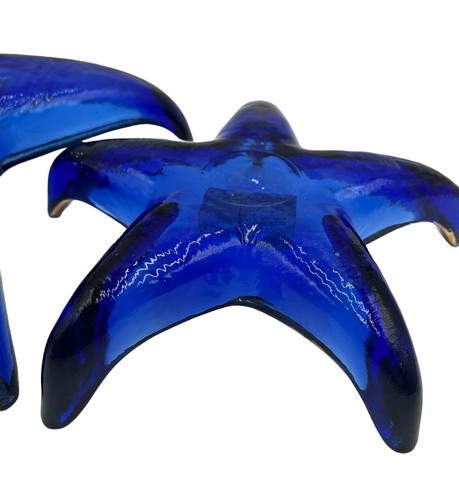 2 Spanish Recycled COBALT GLASS STARFISH Shaped Decorative Trinket Dish Gold Rim - Picture 9 of 10