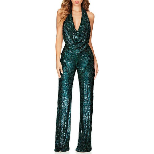 Ladies Sexy Sequin V Neck Backless Jumpsuit Slim Fit Sleeveless Romper Nightclub - Picture 6 of 13