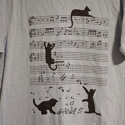 XL Cat Kitty Playing Music Note Clef Musician Art T-Shirt - Picture 2 of 6