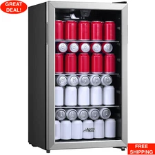 115-Can Beverage Fridge & Cooler Stainless Steel Look Adjustable Temperature