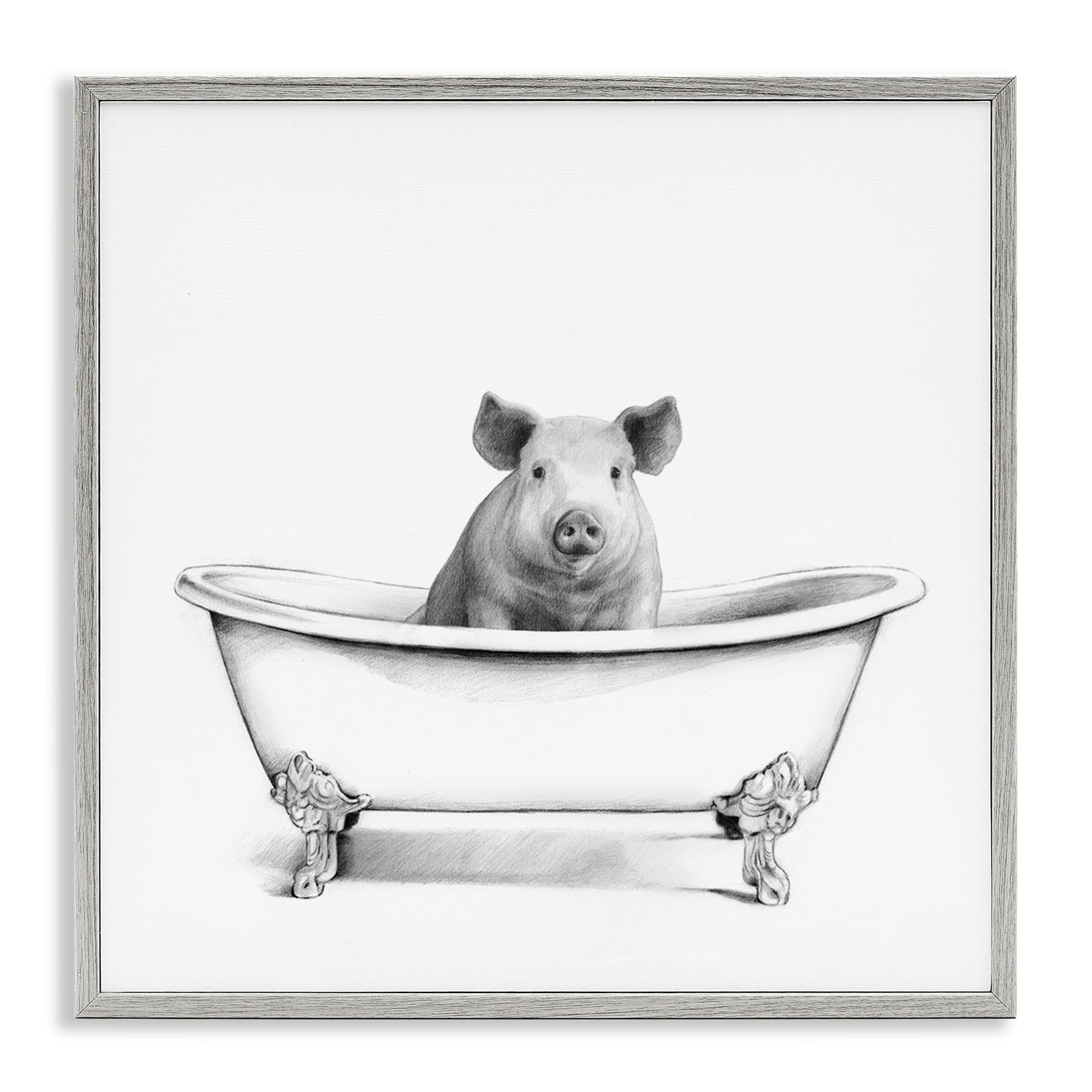Hog in Bath Tub Minimal Bathroom Sketch, Design by Victoria Borges Gray Frame...