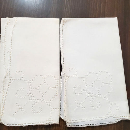 Cloth Napkins 2 White Handmade Cutwork Linen 15x16" Antique Vintage Farmhouse - Picture 2 of 8