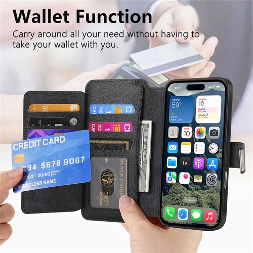 Detachable Leather Case ZIP Wallet Cover For iPhone 16e 16 15 14 13 11 Pro Max - Picture 27 of 84