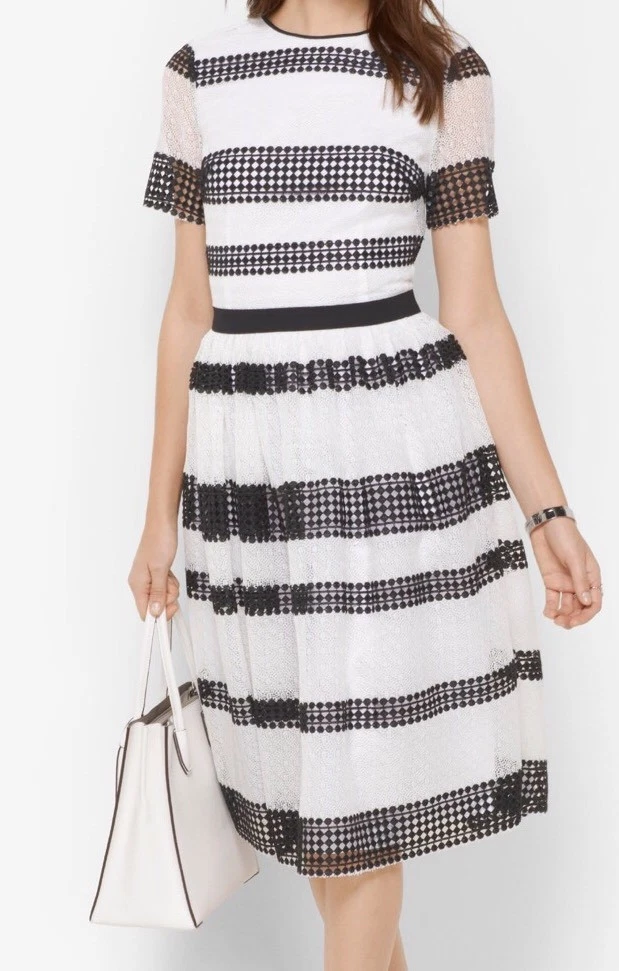 NUOVO! Abito MICHAEL MICHAEL KORS a righe all'uncinetto nero bianco taglia 10