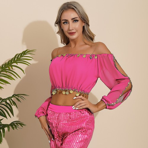 US Women Belly Dance Crop Top Off Shoulder Long Sleeve Tops Club Party Costume - Picture 39 of 74