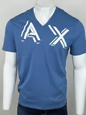 Armani Exchange Authentic  Stencil Logo Regular Fit V Neck T Shirt Blue  NWT
