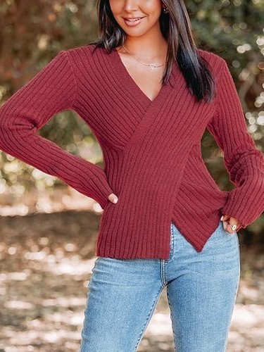 Size XL | Cupshe Casual Ribbed Knit Wrap Sweater Top Jumper | Burgundy NW3/AB32 - Picture 2 of 7