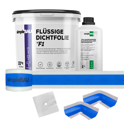 simpleBAU FLÜSSIGE DICHTFOLIE F1 10kg+TF1L+10m Dichtband + 2 Innenecken + 1 Wan
