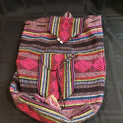 Boho Woven Multicolor Backpack w/ Pockets. Beach Bag