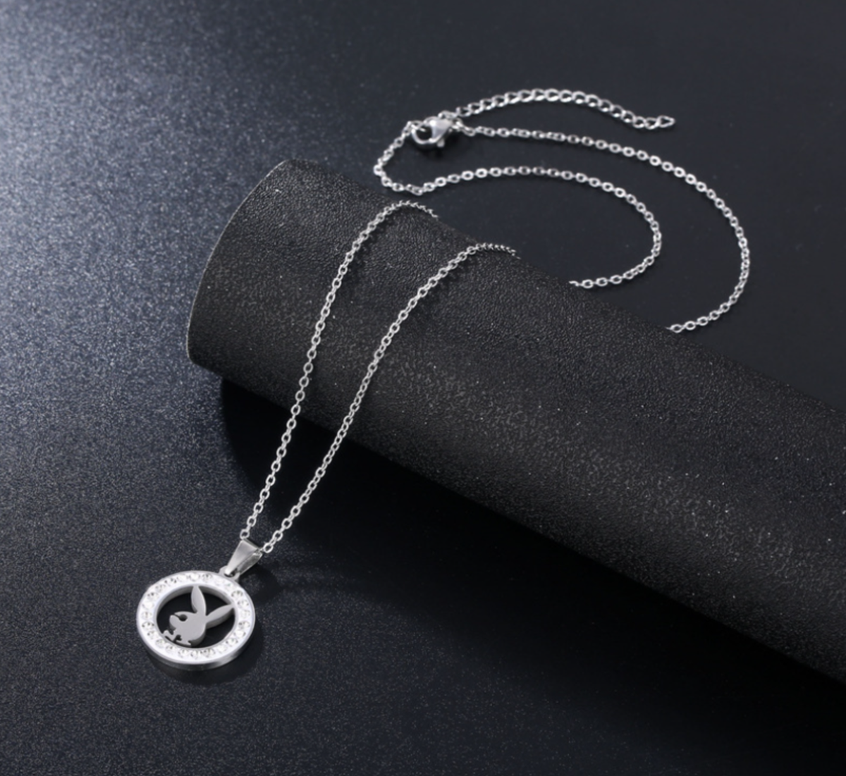 Silver Titanium Round Playboy Love Rabbit Pave CZ Pendant Chain