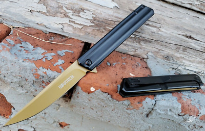 Spring Assisted Slim Pocket Knife Frame Lock Flipper Tip Up Carry Black & Gold