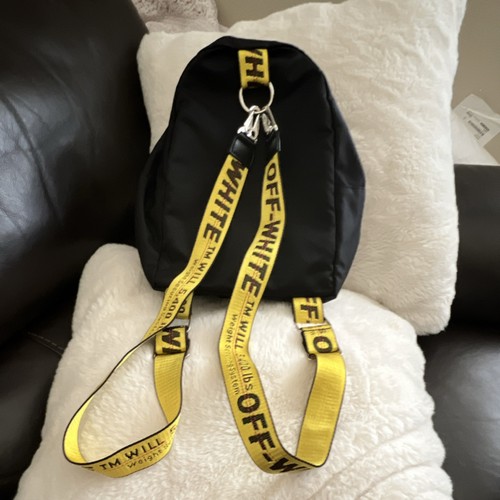 Off-White Black Backpack with Yellow Logo Strap, Metal Hardware, Inner Pockets