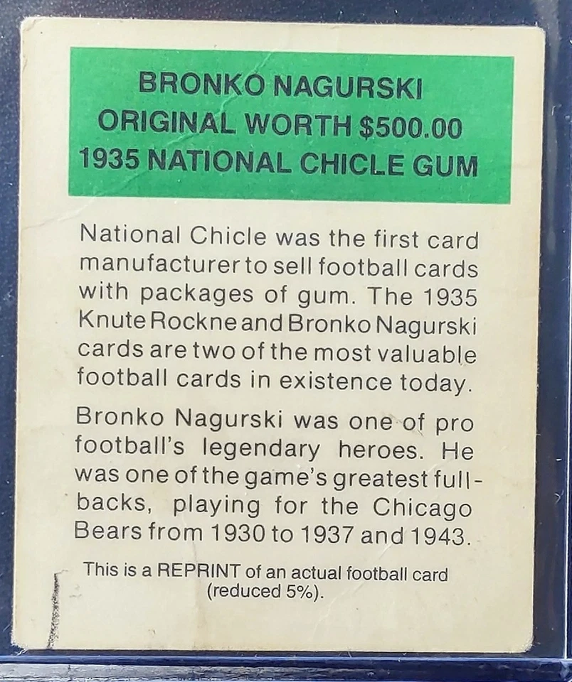 1985 National Chicle Gum Reprint 1935 Bronco Nagurski Chicago Bears HOFer - Image 2 of 2