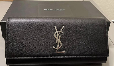 Saint Laurent Black Clutch YSL Logo Silver Hardware with Brand Card