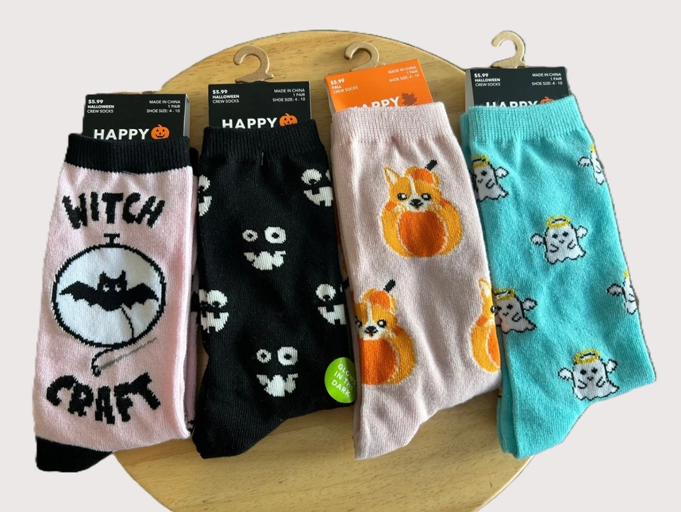 NOVO COM ETIQUETAS HAPPY SOCKS MEIAS FEMININAS TRIPULAÇÃO, 4 PARES, Abóbora Fantasma Anjo Bruxa Rosa Preto - Imagem 2 de 4