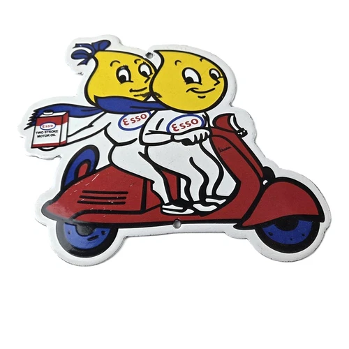 Vintage Esso Gasoline Porcelain Sign - Gas Service Station Vespa Scooter Sign