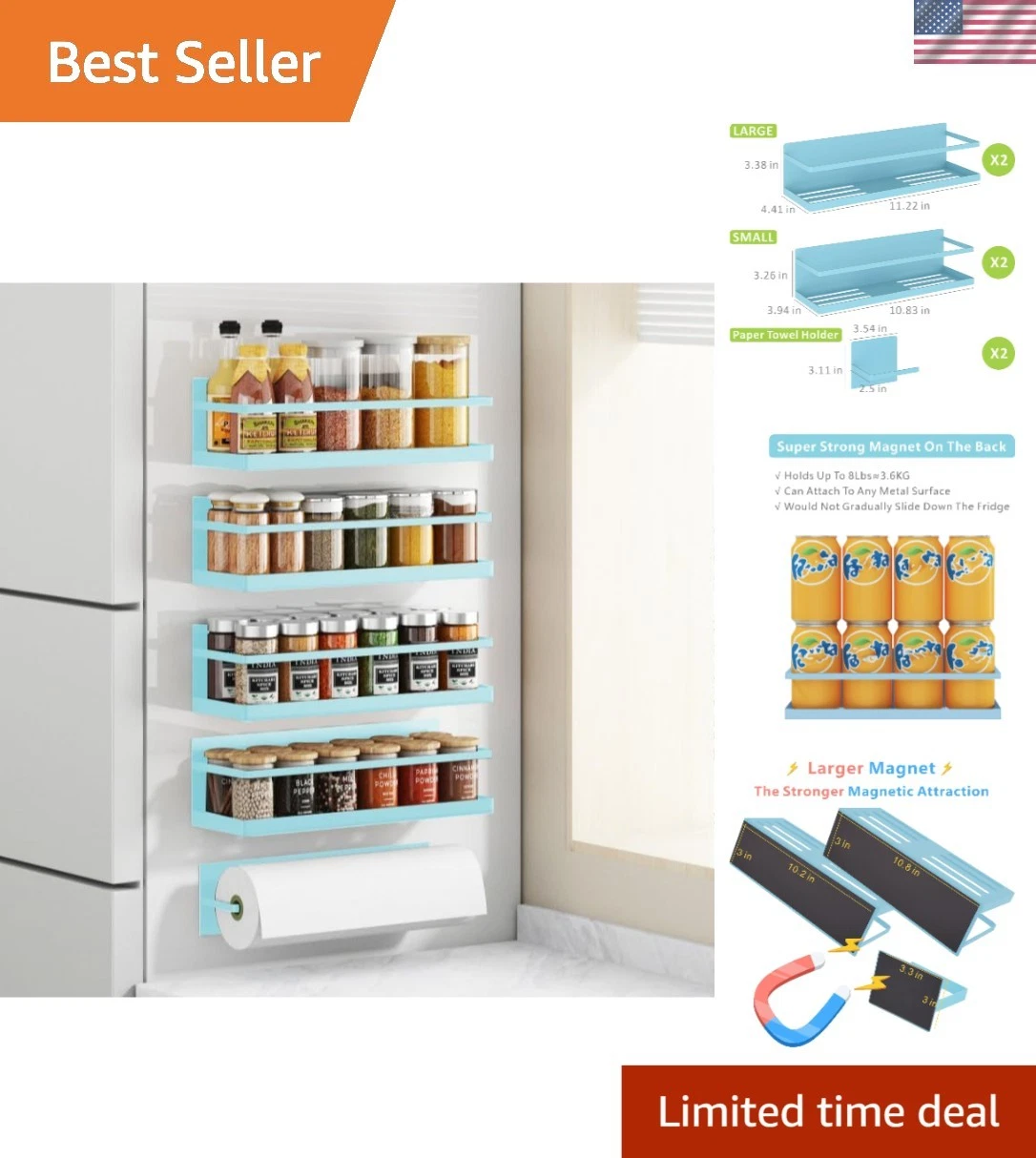 Space-Saving Magnetic Spice Rack for Fridge - Blue 4 Pack Including Towel Holder