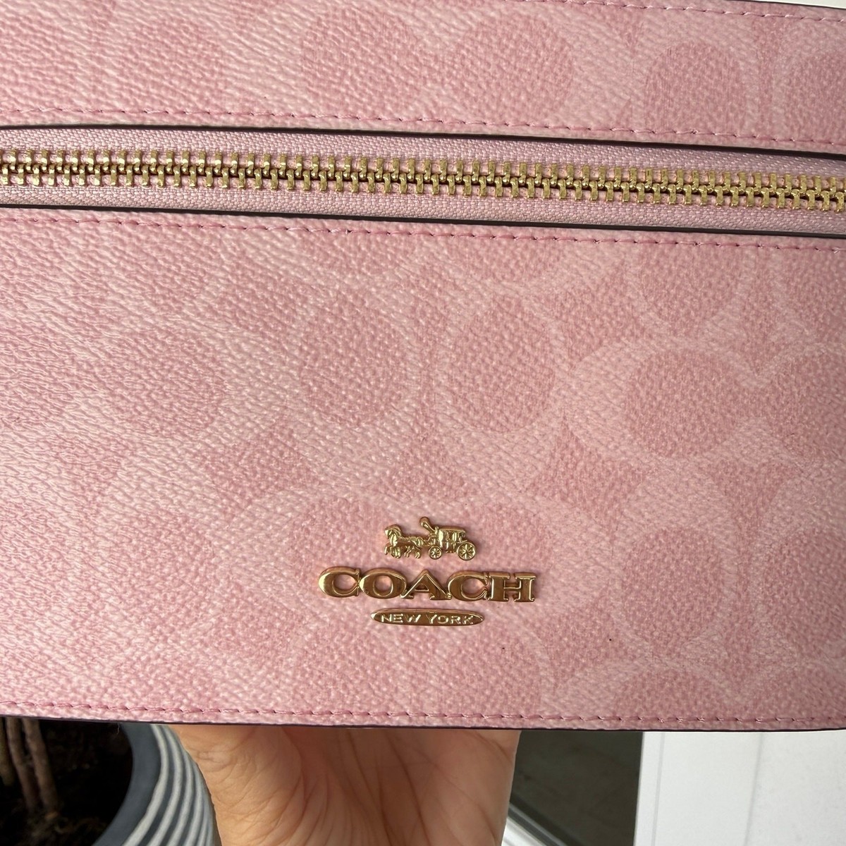 NWT Coach Cosmetic Case In Signature Canvas Gold/Powder Pink CEA56