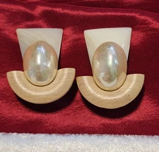 Wendy Gell Clip Earrings Art Deco Style Wood White Quartz Faux Pearl 