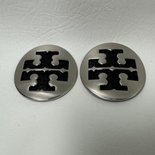 Tory Burch Logo Replacement Medallions 2 Silver Tone Black Leather Set Of 2