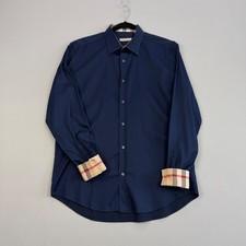 Burberry Brit Classic Nova Check Trim Flip Cuffs Navy Blue Button Down Shirt L