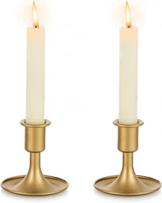 Gold Taper Candle Holder Set of 2,  Short Skinny Brass Candlestick Holders, Vint