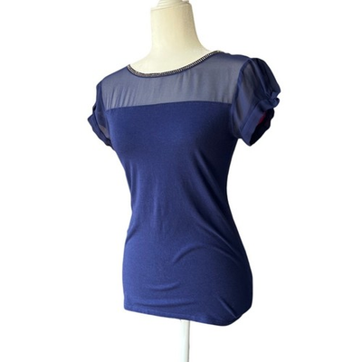 #ad Express Sheer and Embellished Blue Top Women#x27;s Size S Elevated T Shirt Stretch $15.00