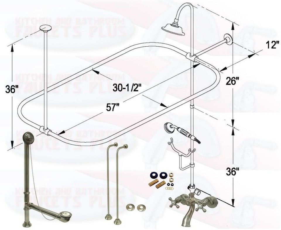 Satin Brushed Nickel Clawfoot Tub Faucet Kit W/Shower Riser, Enclosure ...