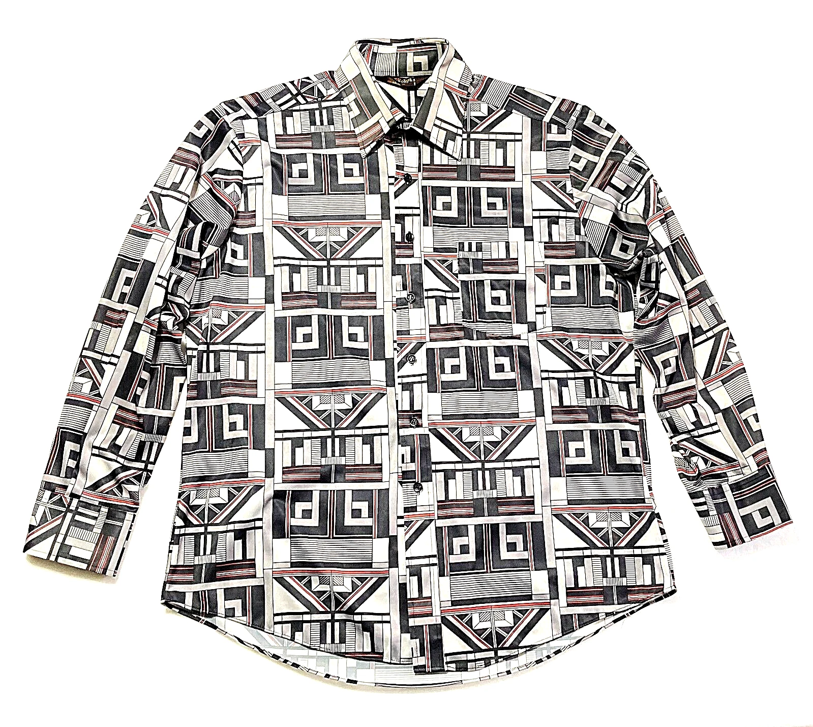 Vintage Shirt Men Kingport 70s 16-16 1/2 Large Gray Disco Polyester Geometric