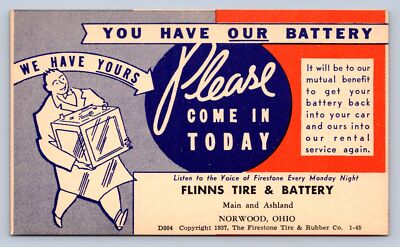K3/ Norwood Ohio Postcard c1940s Flinns Tire & Battery Auto Service 233
