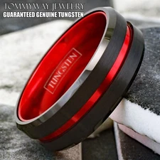 Black Tungsten Carbide Mens Thin Red Line Band Ring-Firefighters First Responder