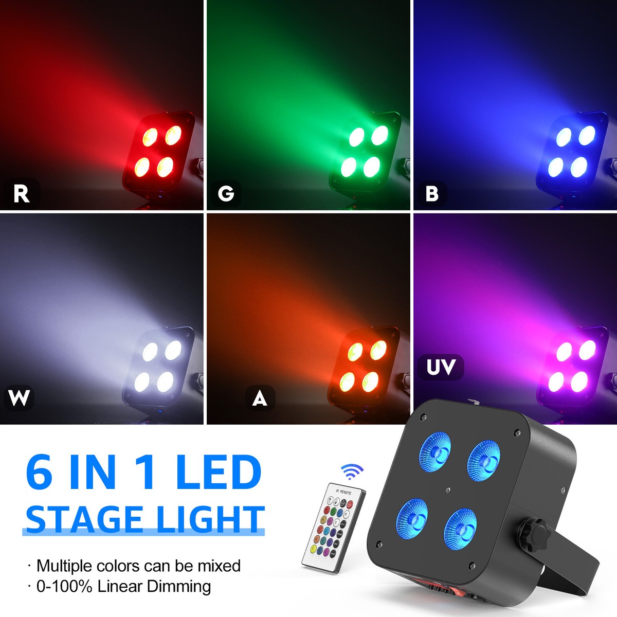 Kit 6 Projecteurs LED RGBAW UV 18W Avec Batterie - Contrôle DMX, WiFi, Télécommande