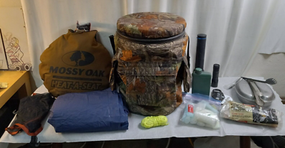 #ad CAMPING or HUNTING Bundle LOT Camo Bucket Heat a Seat Cushion Flashlights Etc $89.97