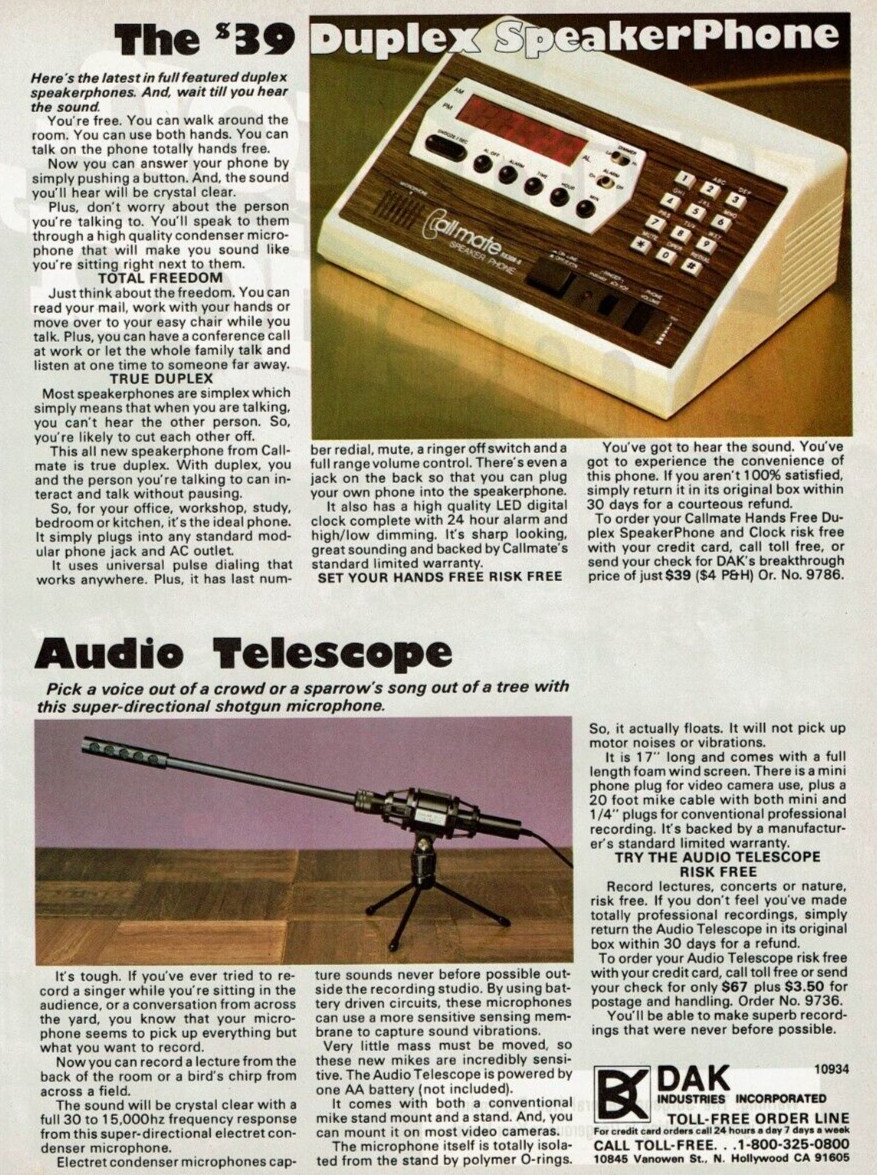 1984 Vintage Print Ad DAK Call Mate Duplex Speaker Phone Telescope Microphone