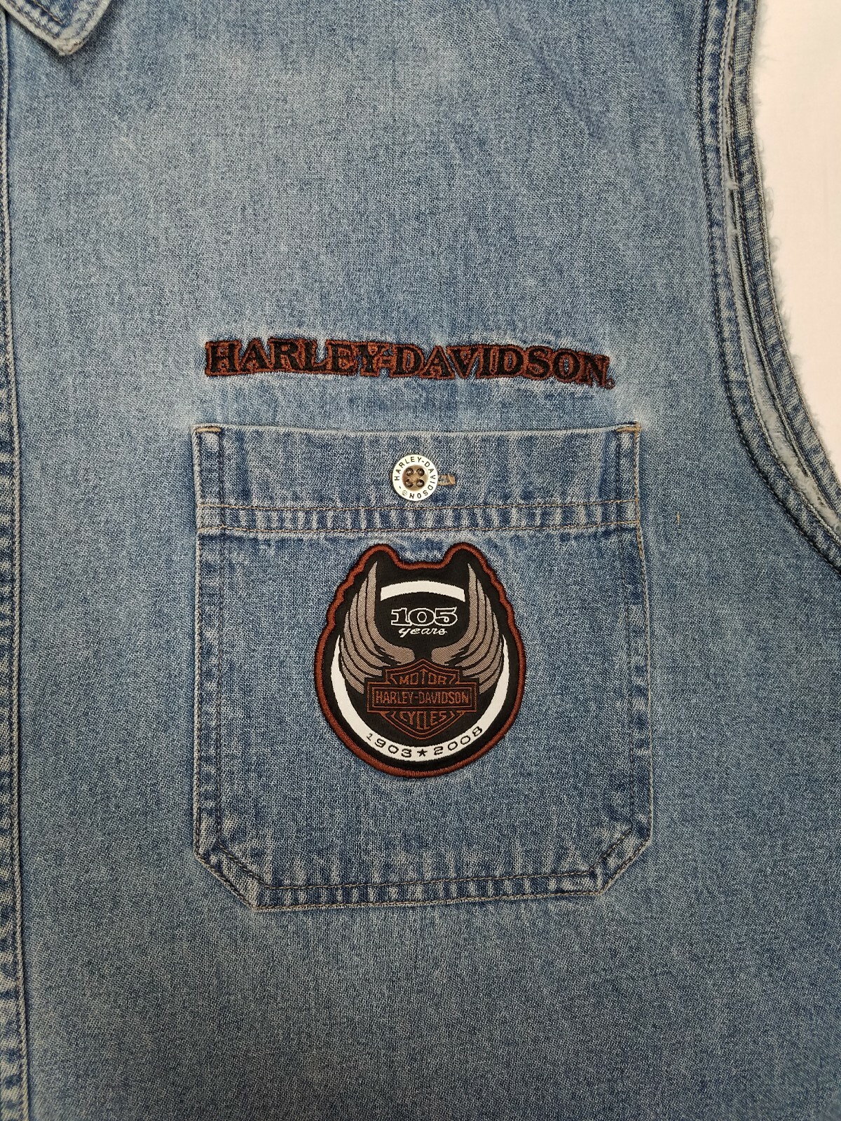 Harley Davidson Denim Embroidered Vest Mens 2XL Sleev… Gem