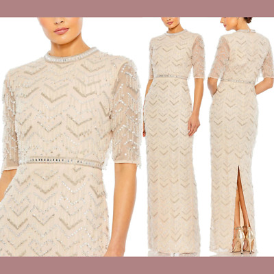 NWT $1198 Mac Duggal [ 12 ] 93804 Beaded Fringe Quarter Sleeve Column Gown J657