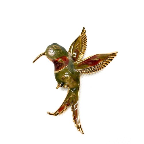 Painted Gold Toned Enamel Hummingbird with Rhinestone Eye and Lined Brocade Bag - Picture 9 of 15