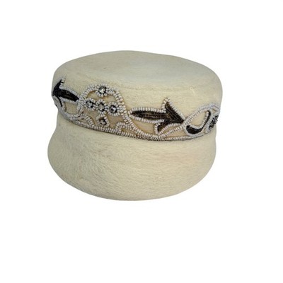 Jan Leslie Beaded Wool Hat Off White Designer Cap 1990s