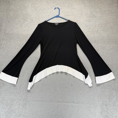 Bebe Black White Womens M Asymmetrical Edgy Goth Bell Sleeve Tunic Y2K Blouse