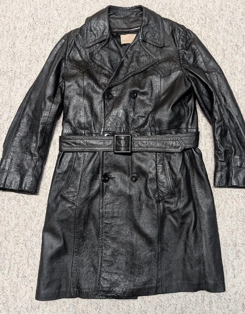 1970s vintage TRENCH COAT leather 38 double breasted BELTED black SHERLOCK image 10