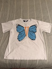 Vlone Men’s Size S White Blue Butterfly T-shirt Made In USA Hiphop Double Side