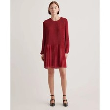 QUINCE Chiffon Pleated Long Sleeve Mini Dress Burgundy Red Sz L {3Z11}