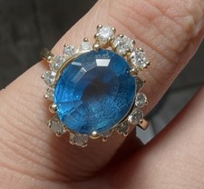 Vintage 14K Gold Natural Blue Gemstone & Diam...